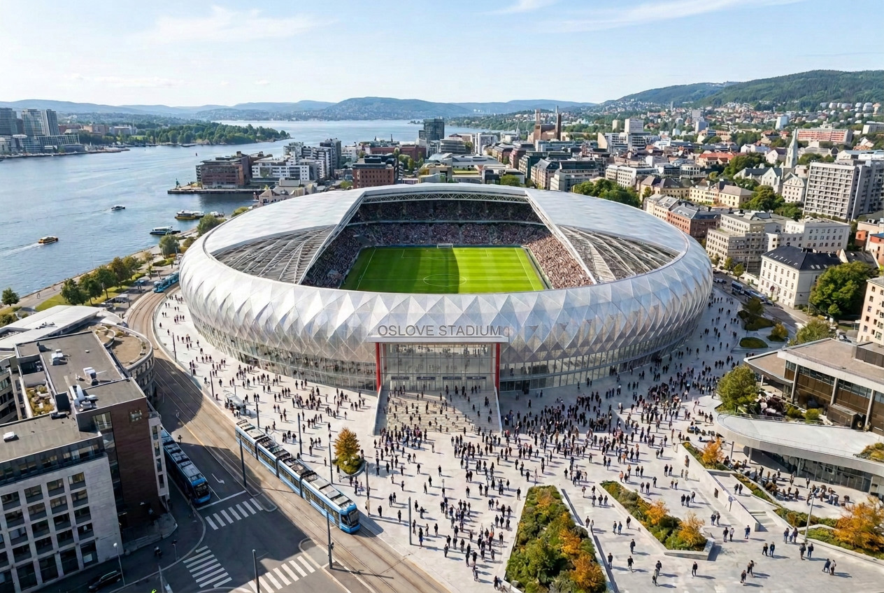 Flyfoto av det foreslåtte stadionet i nordiske byomgivelser
