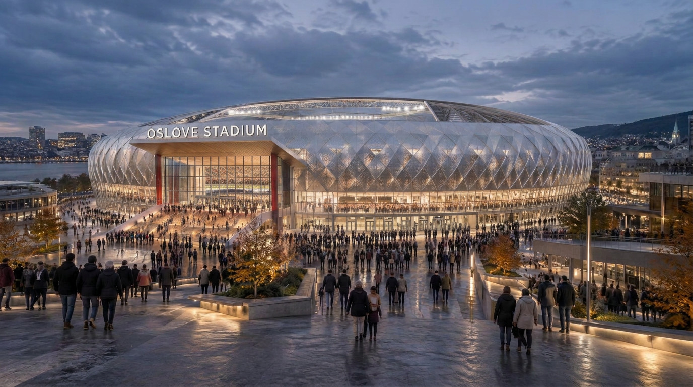 Oslove Stadium i skumringen, sett fra den store stadionplassen