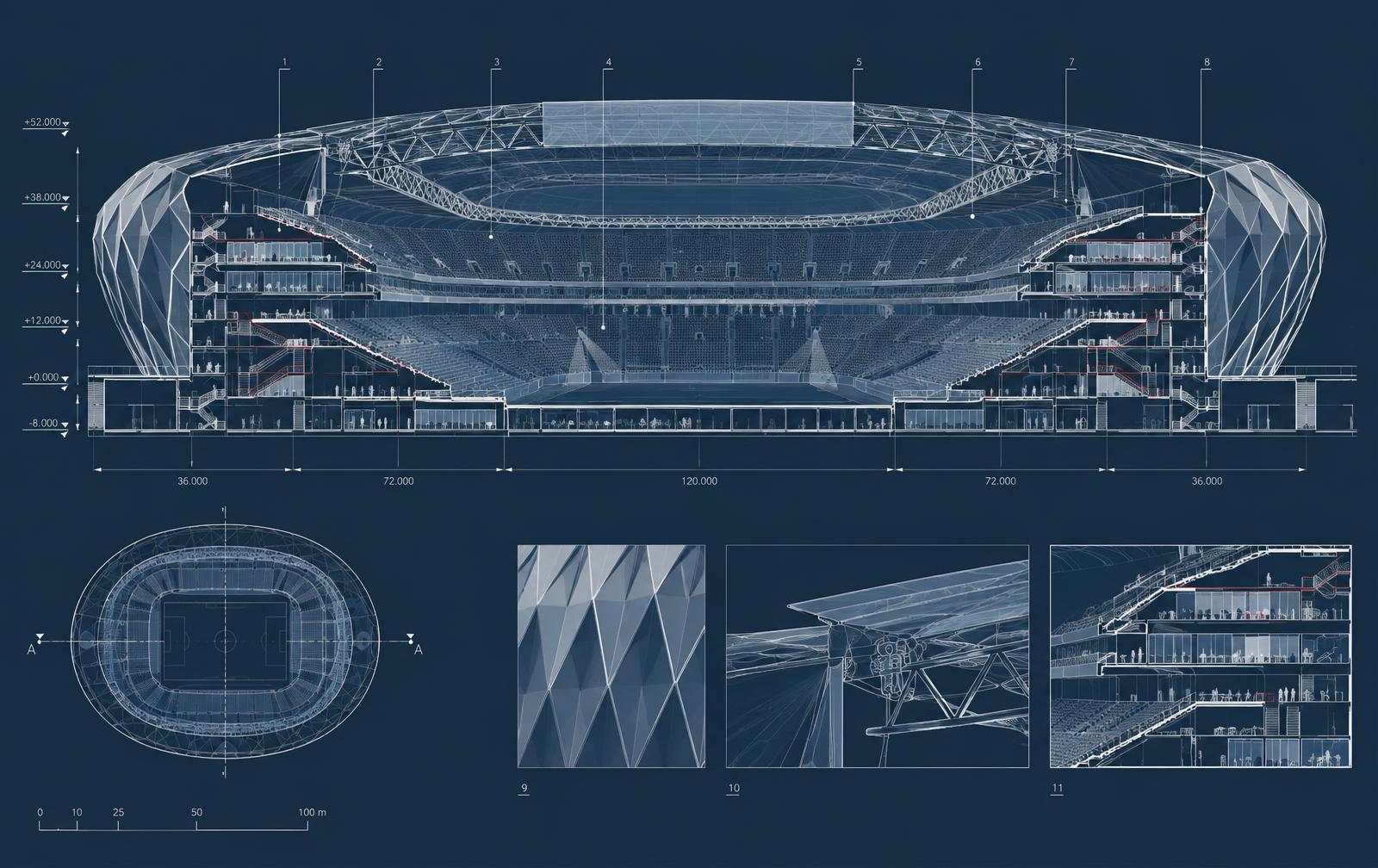Teknisk snitt og plantegning av Oslove Stadium